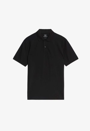 Polo nero in cotone con maniche corte, abbottonatura a tre bottoni e colletto classico. Tessuto liscio, senza motivi o dettagli.