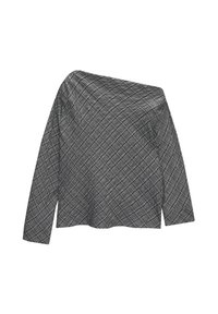 Haut gris à manches longues avec un motif à carreaux diagonal, un décolleté asymétrique et une coupe ample. Confectionné dans un tissu texturé.