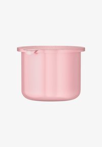 Rund, slät rosa behållare med ett strukturerat lock, med en lätt droppande effekt. Tillverkad av metall med en blank yta.