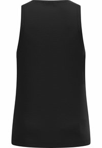 Black sleeveless tank top made of smooth fabric. Features a rounded neckline and straight hem, with double-stitched seams.