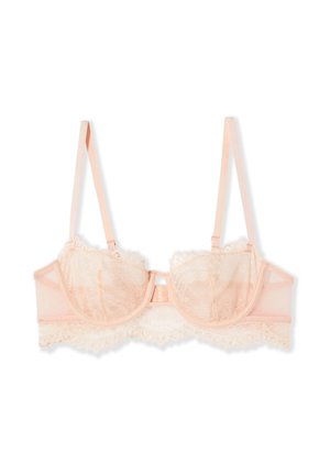 Reggiseno con ferretto in pizzo rosa chiaro, con spalline regolabili e bordi in pizzo smerlato.