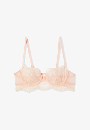 Reggiseno con ferretto in pizzo rosa chiaro, con spalline regolabili e bordi in pizzo smerlato.