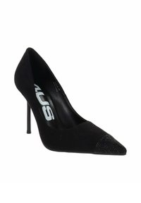 Décolleté neri con tacco alto, punta affusolata decorata con piccoli strass neri e tacco a stiletto.