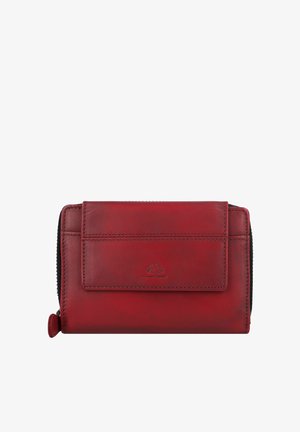 Rote Leder-Geldbörse mit gefaltetem Design, Vorderklappe, Reißverschluss und geprägt Logo eines Baumes. Glatte Oberfläche und minimalistischen Beschlägen.