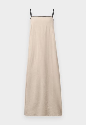 Beige sleeveless dress with a smooth texture, square neckline, and thin black straps, designed in a relaxed silhouette.