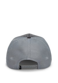Gray mesh baseball cap with a dark gray fabric top, adjustable plastic strap, and a black label at the back. Textured surface detail.