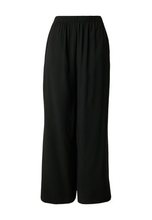 Black wide-leg pants with elastic waistband, made of lightweight fabric, shown on a white background.