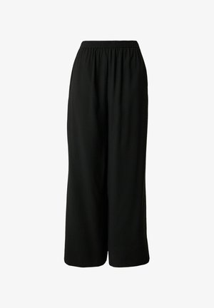 Black wide-leg pants with elastic waistband, made of lightweight fabric, shown on a white background.