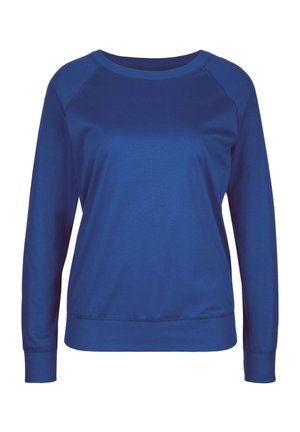 Sweatshirt bleu à manches longues fabriqué en tissu lisse et extensible. Il présente un col arrondi et des poignets et un ourlet côtelés. Design simple, en couleur unie.