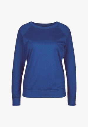 Blauwe lange mouwen sweatshirt gemaakt van een soepele, rekbare stof. Heeft een ronde halslijn en ribbels aan de mouwen en onderkant. Eenvoudig, effen kleurontwerp.