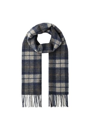 Navy and beige plaid scarf made of a soft wool blend, featuring fringed ends and a rectangular shape, suitable for versatile styling.