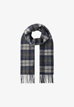 Sciarpa a scacchi blu navy e beige realizzata in un morbido misto lana, con estremità frangianti e forma rettangolare, adatta per stili versatili.
