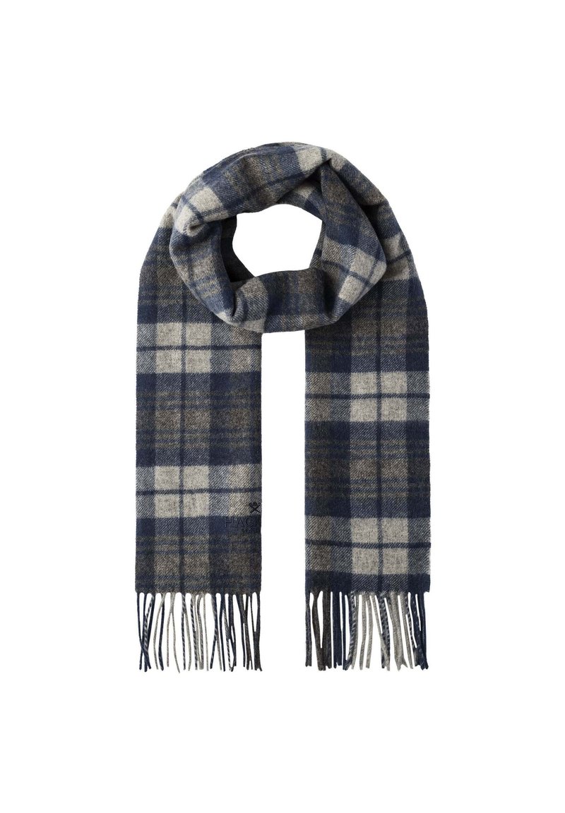 Écharpe à carreaux bleu marine et beige en mélange de laine douce, dotée d'extrémités à franges et d'une forme rectangulaire, adaptée à un style polyvalent.