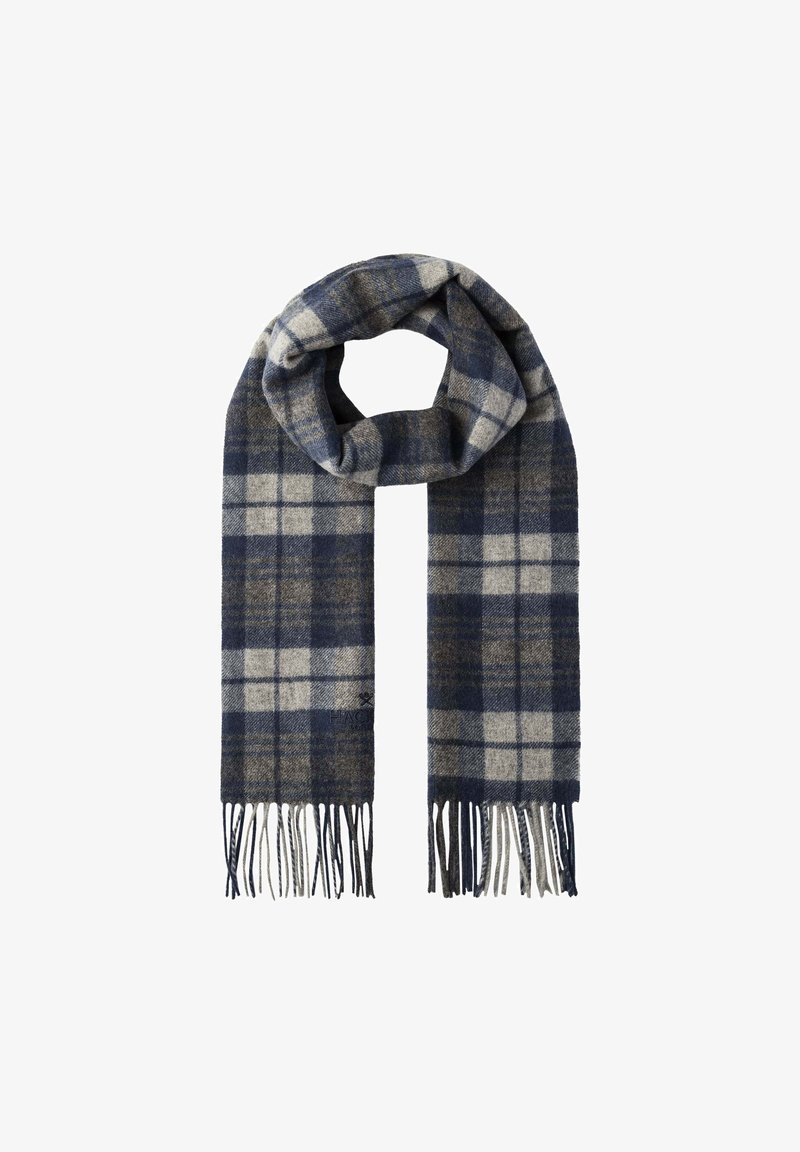 Écharpe à carreaux bleu marine et beige en mélange de laine douce, dotée d'extrémités à franges et d'une forme rectangulaire, adaptée à un style polyvalent.