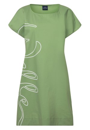 Zelené šaty s krátkými rukávy, které mají na přední straně bílý kurzívní design. Vyrobené z lehké látky, s volným střihem a čtvercovým výstřihem.