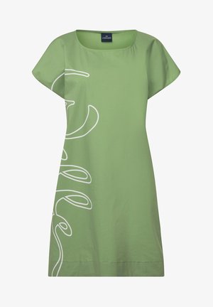 Grünes Kleid mit kurzen Ärmeln, das auf der Vorderseite ein weißes, geschwungenes Design aufweist. Hergestellt aus leichtem Stoff, mit einer lockeren Passform und quadratischem Ausschnitt.