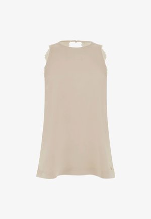 Top sin mangas de color beige con una textura suave, escote redondo, detalles de encaje en los hombros y cierre de botones en la parte posterior.