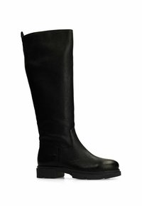 Black knee-high boot made of textured leather, with a robust sole and slight heel. Features a smooth, rounded toe and minimal stitching.