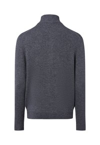 Pull en maille gris foncé à manches longues et col montant côtelé, montrant l'arrière sur un fond blanc.