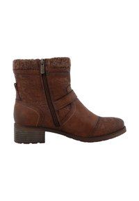 Braune Leder-Ankle-Boots mit strukturiertem Muster, Seiteneingriff und gestricktem Futter. Mit einem niedrigen, gestapelten Absatz und verstärkten Nähten.