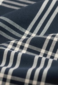 Material bleu marin cu un model în carouri albe, având dungi orizontale și verticale de lățimi variate. Textura pare țesută.