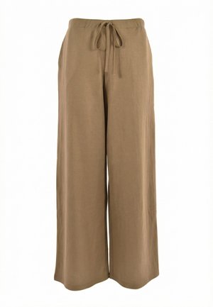 Pantalon marron à jambes larges avec taille élastique et cordon, en tissu léger.