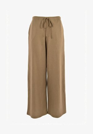 Pantalon marron à jambes larges avec taille élastique et cordon, en tissu léger.