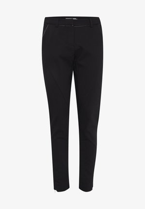 Pantalons noirs ajustés avec une coupe slim, fabriqués en tissu lisse. Présentent des détails de couture angulaire et des zips au niveau des chevilles pour un design supplémentaire.