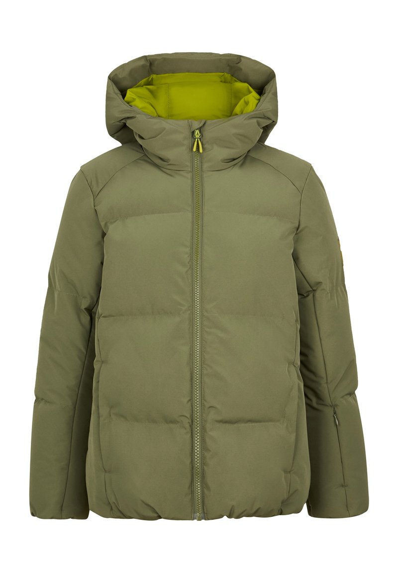 Giacca puffer verde oliva con zip frontale, cappuccio attaccato e rivestimento interno giallo-verde brillante.