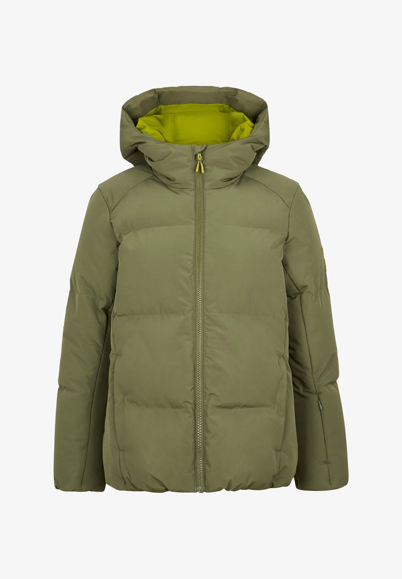 Giacca puffer verde oliva con zip frontale, cappuccio attaccato e rivestimento interno giallo-verde brillante.