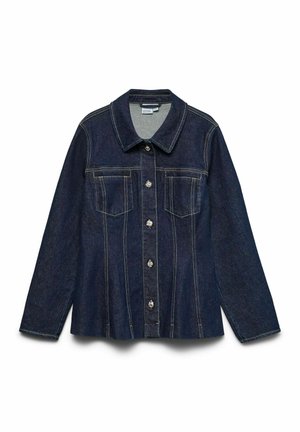 Veste en denim foncé avec un col pointu, fermeture à boutons et deux poches poitrine. Coutures visibles et coupe structurée.