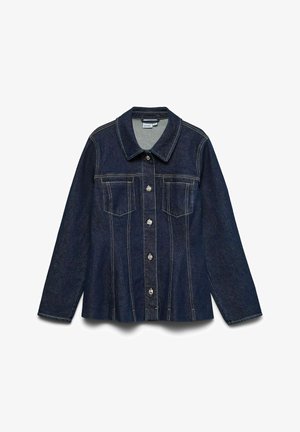 Donkerdenim jack met een puntige kraag, knoopsluiting en twee borstzakken. Zichtbare stiksels en een gestructureerde pasvorm.