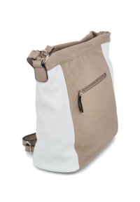 Sac à épaule en cuir marron et blanc avec une finition texturée, équipé d'une poche zippée à l'avant et d'une bandoulière réglable.