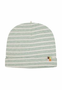 Cappello beanie a righe in cotone verde pallido e bianco. Presenta un risvolto e un piccolo etichetta ricamata con quadrati colorati.