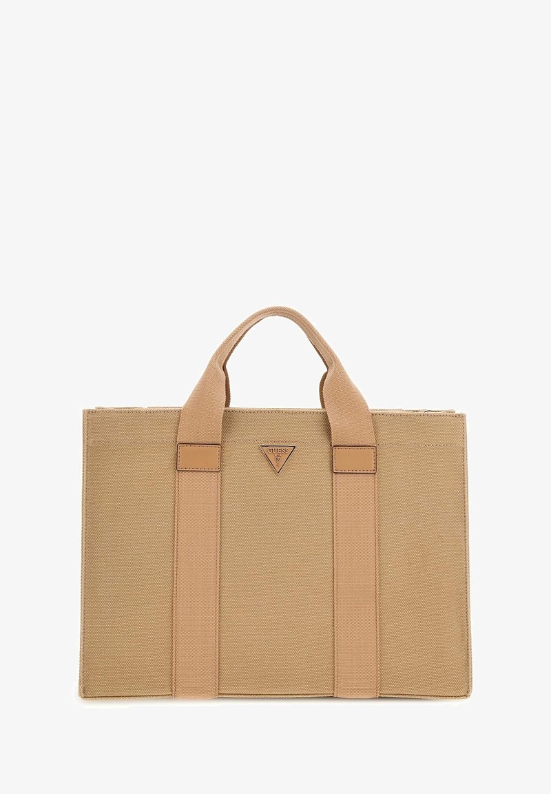 Sac cabas rectangulaire beige avec des anses larges et un petit logo triangulaire Guess au centre sur le devant.
