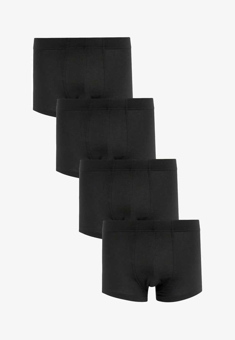 Boxer shorts de algodón negro, con una textura suave, cinturilla elástica y cuatro pares exhibidos en una disposición apilada.