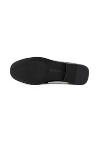 Semelle de chaussure noire au toucher lisse, de forme arrondie et avec des détails de couture subtils. Présente un design plat avec des sections légèrement surélevées.