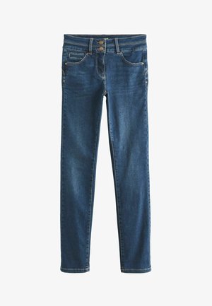 Temno modre skinny jeans iz denima s klasičnim pet-pocket dizajnom in zapiranjem na dva gumba; imajo gladko teksturo in minimalne šive.