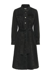 Robe en denim noir avec des manches longues, fermeture à boutons sur le devant, deux poches poitrine, ceinture à la taille et une bas légèrement évasé. Texture lisse.