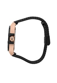 Orologio da polso nero con cassa in oro rosa, caratterizzato da un cinturino a catena e un dettaglio con il logo. Quadrante rettangolare con un design minimalista.