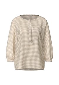 Top bianco con motivo a griglia color marrone chiaro, caratterizzato da un collo rotondo, maniche lunghe a sbuffo e una tasca frontale. Tessuto a rilievo.