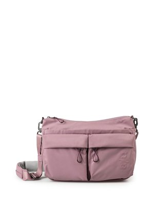 Borsa a tracolla rosa morbida con due tasche frontali con cerniera, tracolla regolabile e logo del marchio in rilievo sul lato.