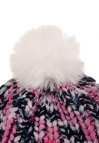 Knitted beanie in pink, navy, and lavender with a fluffy white pom-pom on top. Features silver threading for added texture and detail.