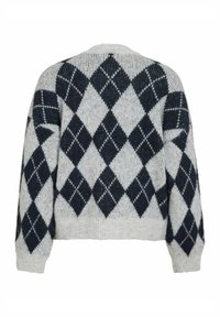 Pull gris en maille avec un motif en losange bleu marine, doté d'une coupe décontractée, de manches longues et de détails en bord-côtes aux ourlets et aux poignets.