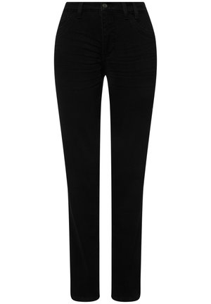 Jeans negros con un diseño de pierna recta, fabricados en denim, que cuentan con bolsillos delanteros y un cierre de botón. La tela tiene una textura suave.