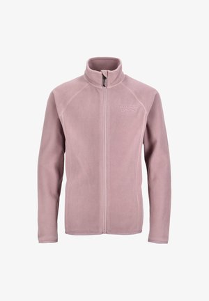 Helle rosa Fleecejacke mit durchgehendem Reißverschluss, hohem Kragen, langen Ärmeln und dezentem Logo auf der linken Brust.