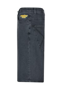 Dunkelgrafter Jeansrock mit geradem Schnitt. Verfügt über eine Gesäßtasche mit gelbem "homeboy x-tra" Logo. Enthält verstärkte Nahtdetails.