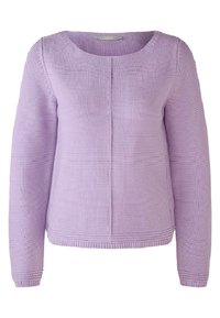 Light purple knitted sweater, round neckline, long sleeves, textured pattern, ribbed cuffs and hem. Features a center seam detail.
