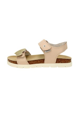 Tanfarbene Ledersandale mit Korkzwischensohle, weißer Gummisohle, Klettverschluss und glitzerndem Akzent am Riemen. Offene Zehen.