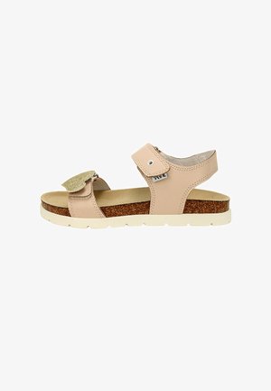 Hnědé kožené sandály s korkovým středním podešvem, bílou gumovou podrážkou, suchým zipem a třpytivým detailem na popruhu. Otevřená špička.